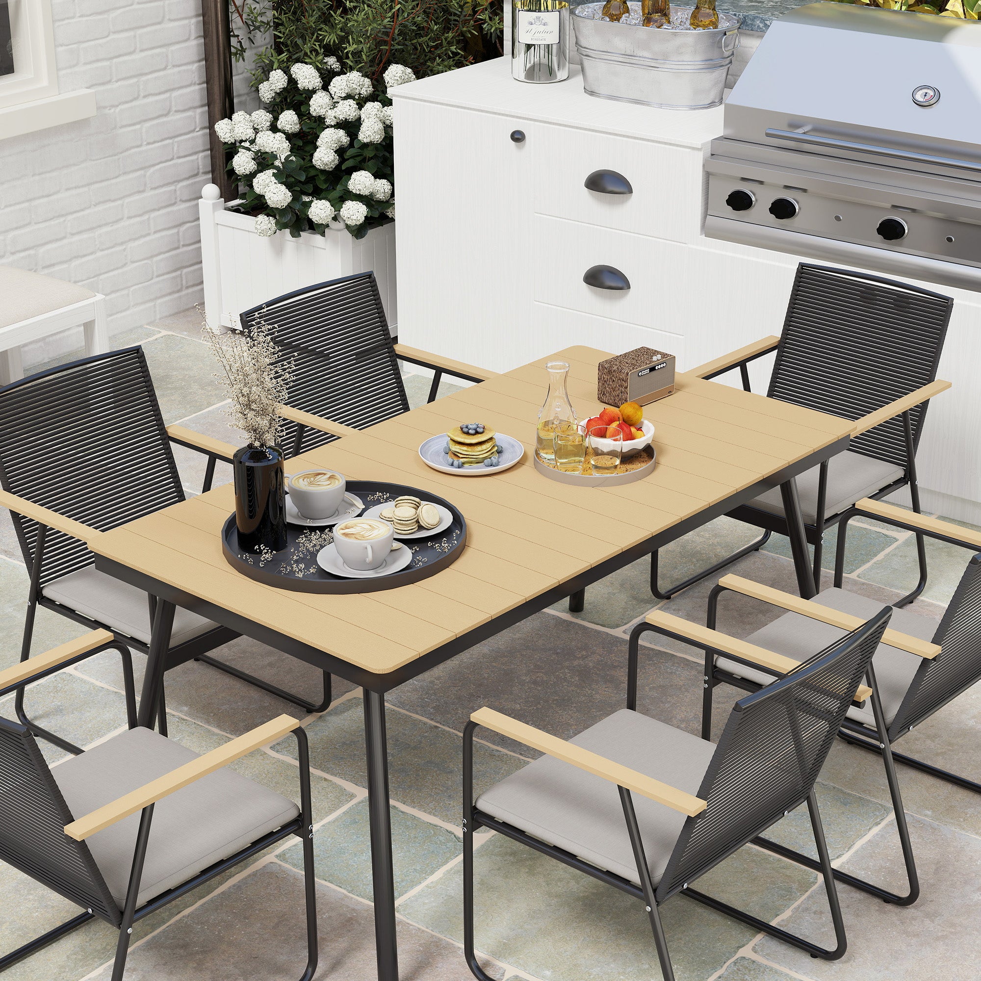 7-Piece Metal Dining Set for 6 People Dining Table with 6 Chairs Kitchen Table Set with Metal Frame Balcony Furniture Garden Furniture for Patio, Balcony Natural Wood