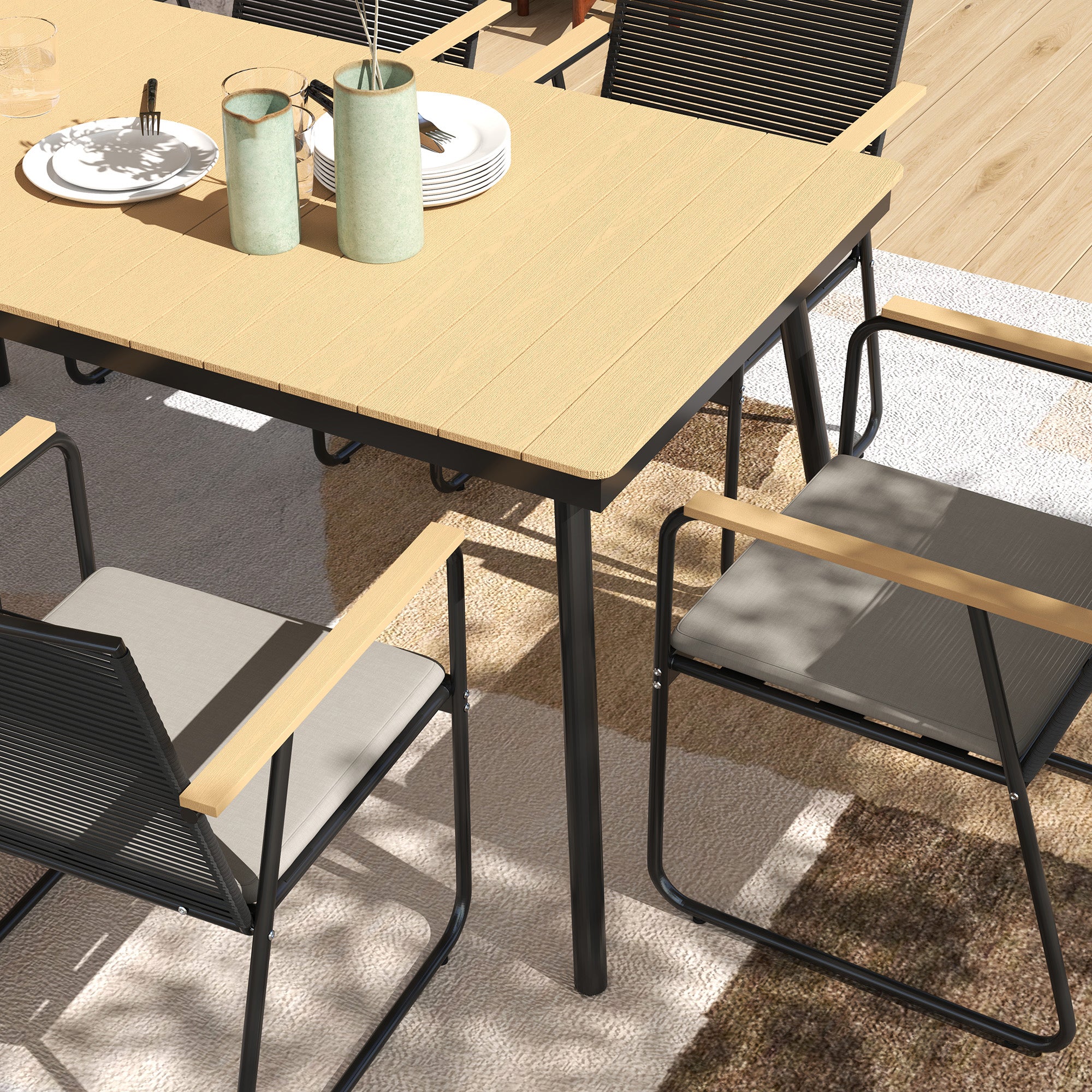 7-Piece Metal Dining Set for 6 People Dining Table with 6 Chairs Kitchen Table Set with Metal Frame Balcony Furniture Garden Furniture for Patio, Balcony Natural Wood