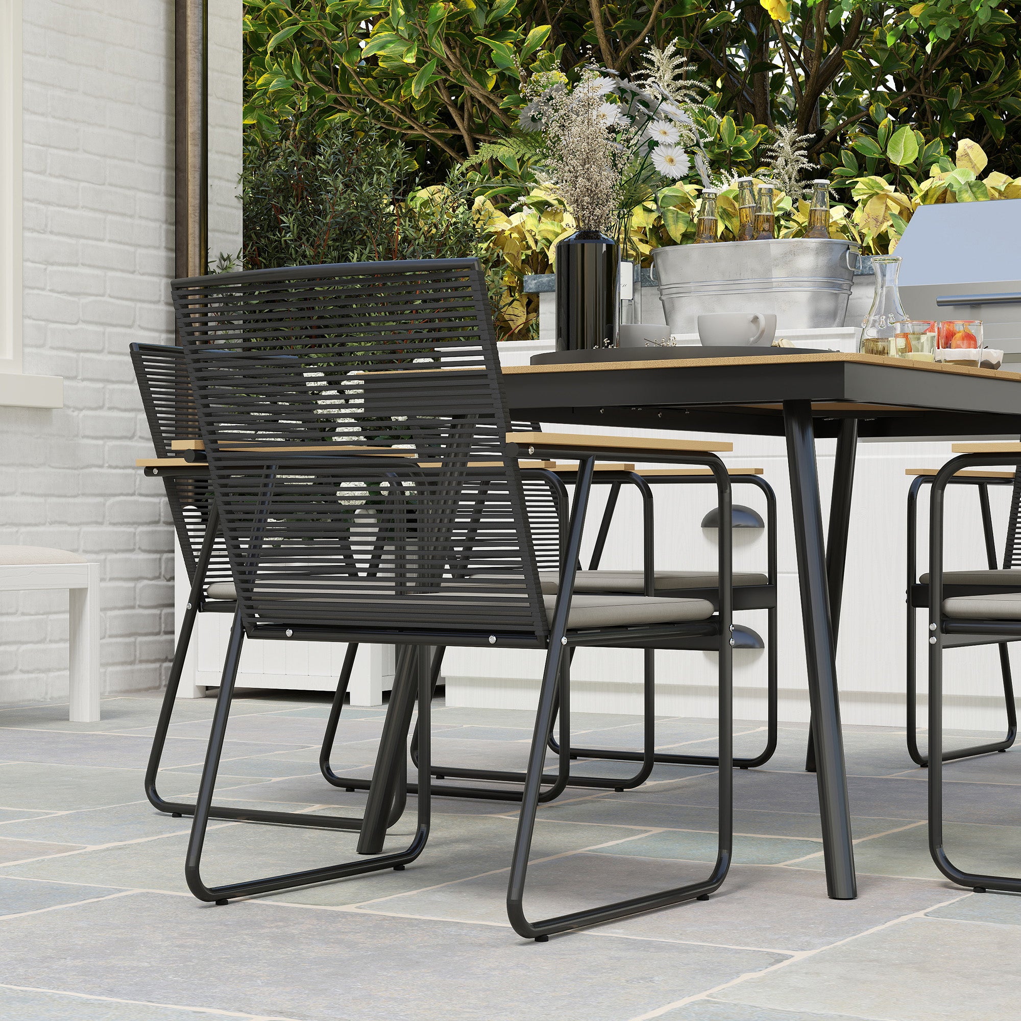 7-Piece Metal Dining Set for 6 People Dining Table with 6 Chairs Kitchen Table Set with Metal Frame Balcony Furniture Garden Furniture for Patio, Balcony Natural Wood