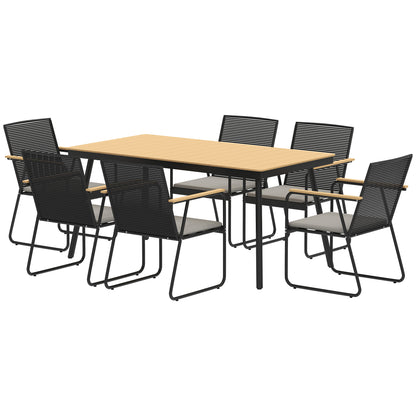 7-Piece Metal Dining Set for 6 People Dining Table with 6 Chairs Kitchen Table Set with Metal Frame Balcony Furniture Garden Furniture for Patio, Balcony Natural Wood