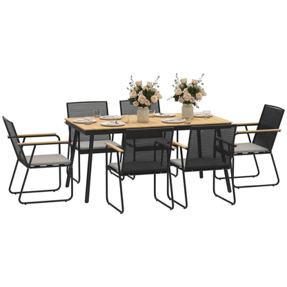 7-Piece Metal Dining Set for 6 People Dining Table with 6 Chairs Kitchen Table Set with Metal Frame Balcony Furniture Garden Furniture for Patio, Balcony Natural Wood