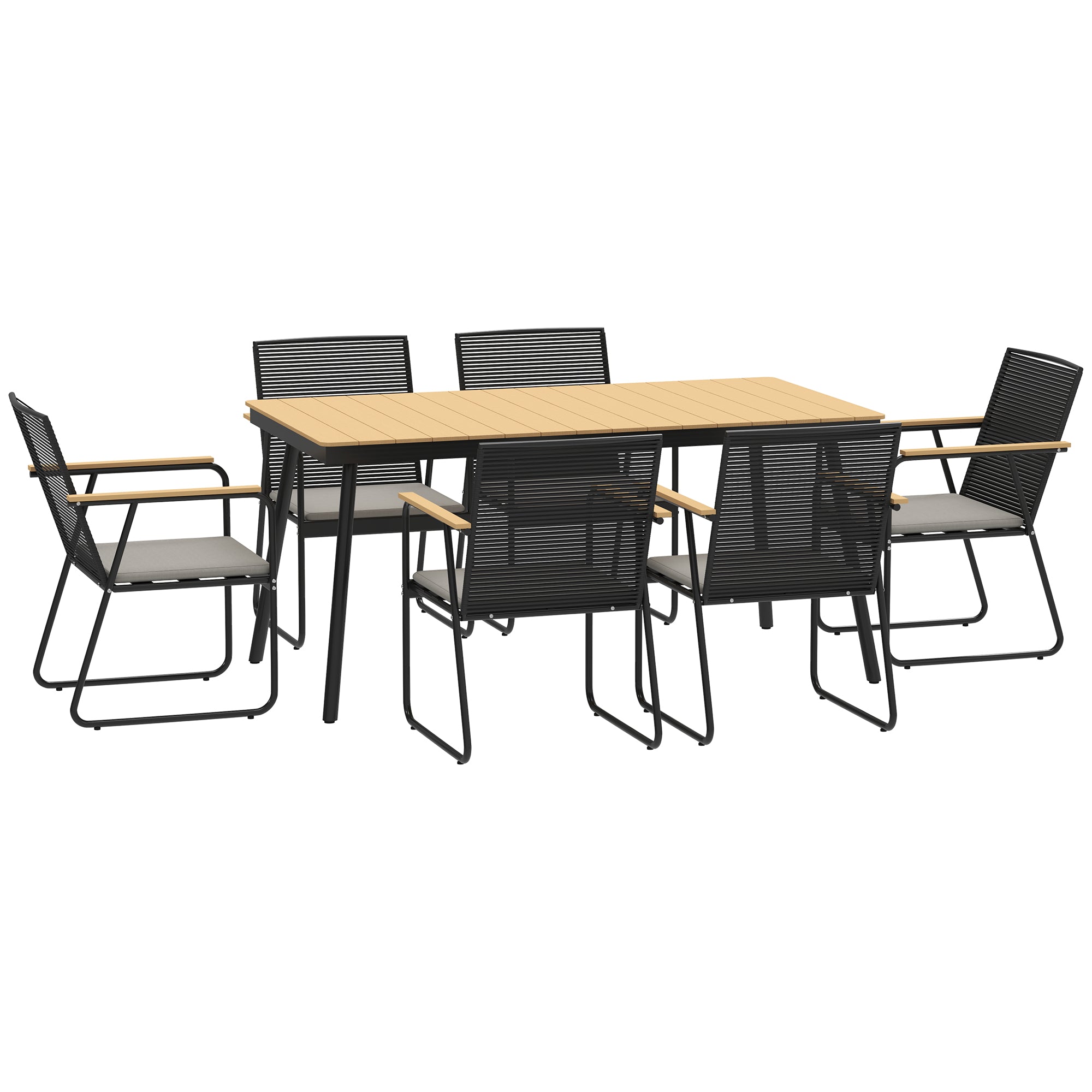 7-Piece Metal Dining Set for 6 People Dining Table with 6 Chairs Kitchen Table Set with Metal Frame Balcony Furniture Garden Furniture for Patio, Balcony Natural Wood