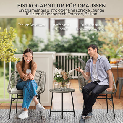 Poly Rattan Garden Furniture Set, Outdoor Balcony Furniture for 2 People, 3-Piece Bistro Set with 2 Chairs, Side Table, Seat Cushions, Weatherproof Seating Group for Garden Balcony Dark Gray