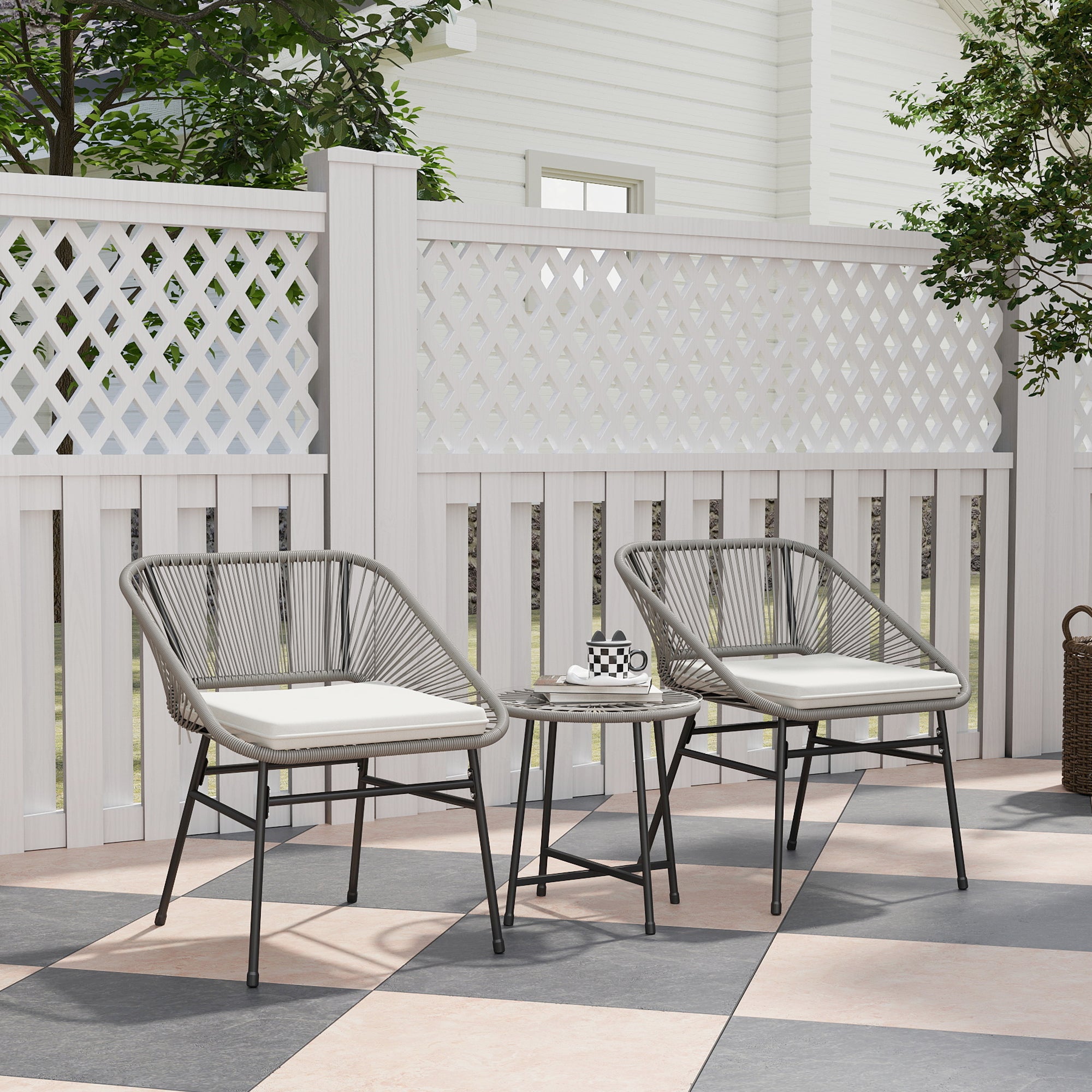 Poly Rattan Garden Furniture Set, Outdoor Balcony Furniture for 2 People, 3-Piece Bistro Set with 2 Chairs, Side Table, Seat Cushions, Weatherproof Seating Group for Garden Balcony Dark Gray