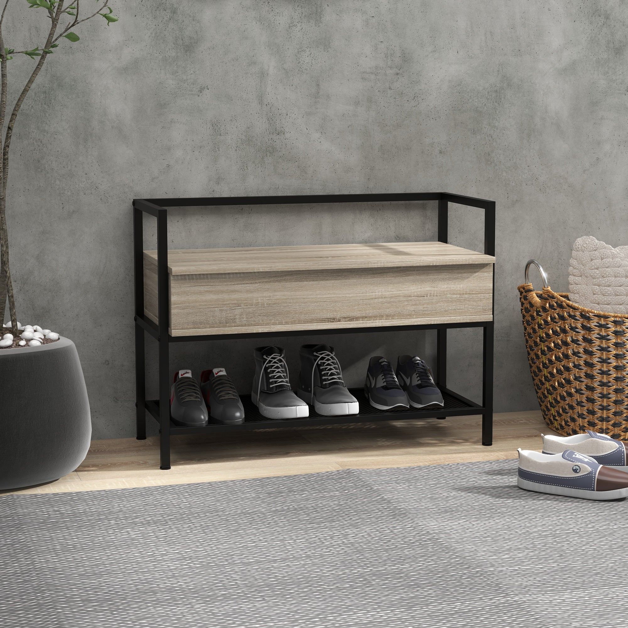 Shoe Bench with Flip Top Shoe Cabinet Bench with Hidden Compartment and Lower Grid Shelf for 4 Pairs of Shoes for Hallway Living Room 84x39.5x61 cm Oak