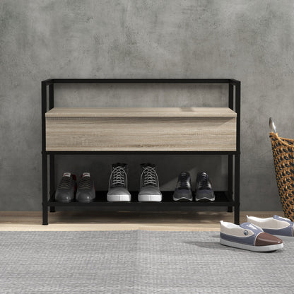 Shoe Bench with Flip Top Shoe Cabinet Bench with Hidden Compartment and Lower Grid Shelf for 4 Pairs of Shoes for Hallway Living Room 84x39.5x61 cm Oak