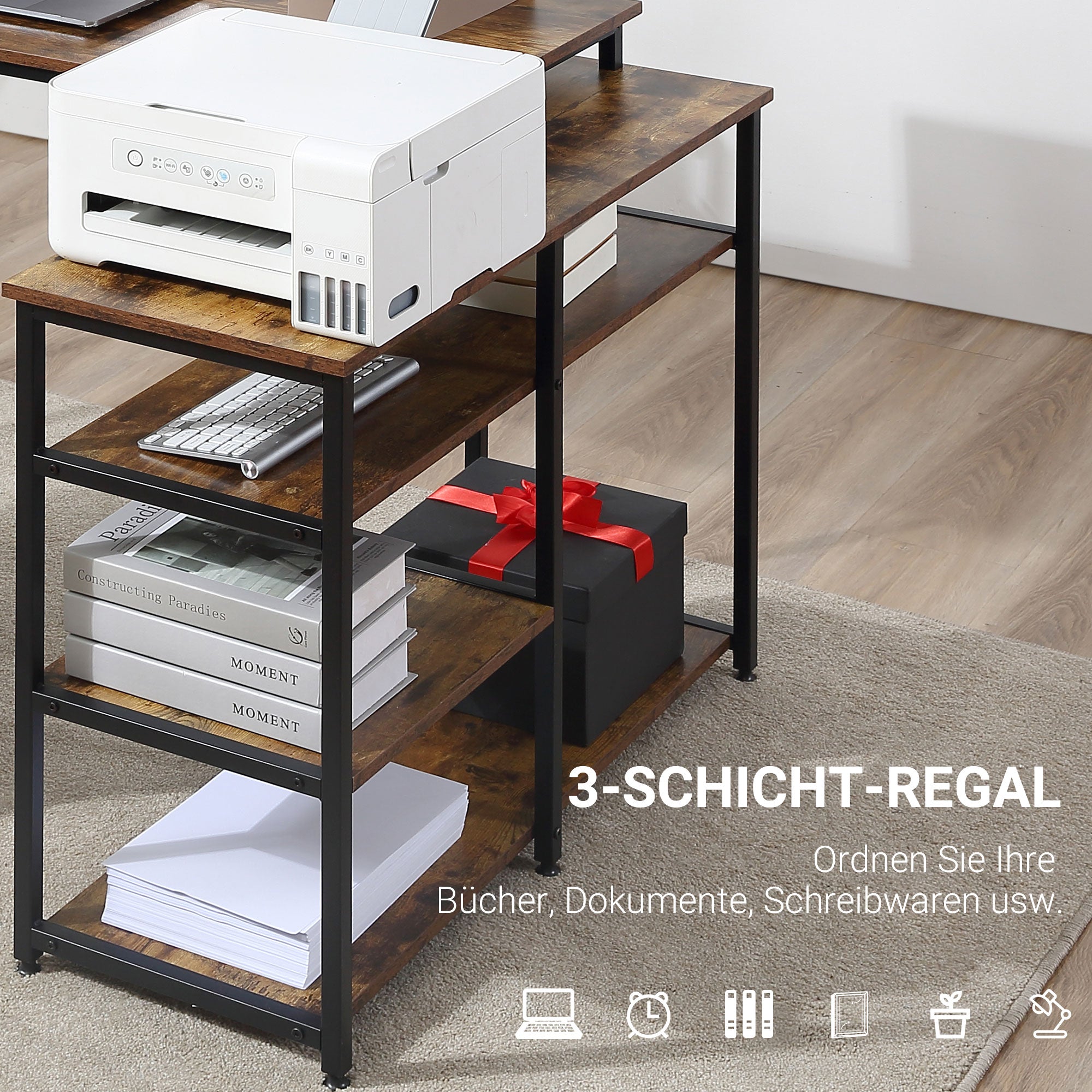 Corner Desk L-Shaped Desk PC Table Computer Desk Office Desk Shelf Drawer L-Shape Chipboard Metal Rustic Brown 135 x 90 x 79 cm