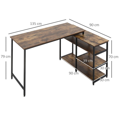 Corner Desk L-Shaped Desk PC Table Computer Desk Office Desk Shelf Drawer L-Shape Chipboard Metal Rustic Brown 135 x 90 x 79 cm