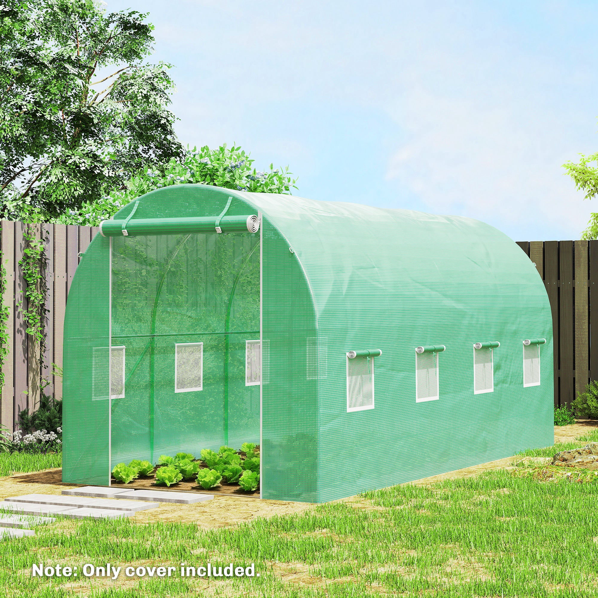 Greenhouse Cover 4 x 2 m (13.1 x 6.6 ft) — Waterproof PE Tunnel Tarp with Zipper Door, 8 Windows, UV Protection, Tear-Resistant (Green)