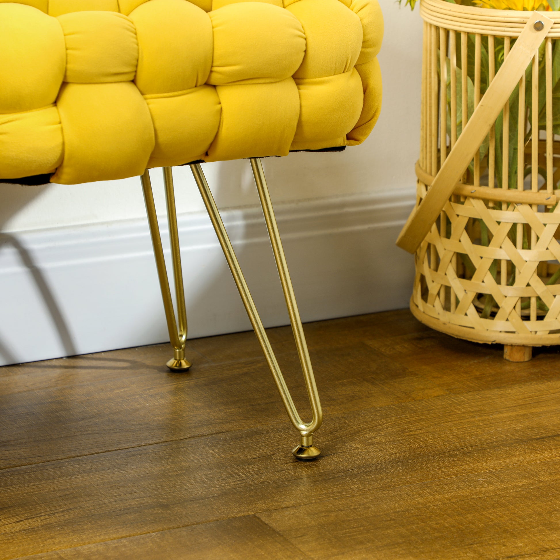 Upholstered Velvet Bed Bench Bedroom Bench with Gold Legs and Padded Seat for Entryways Yellow