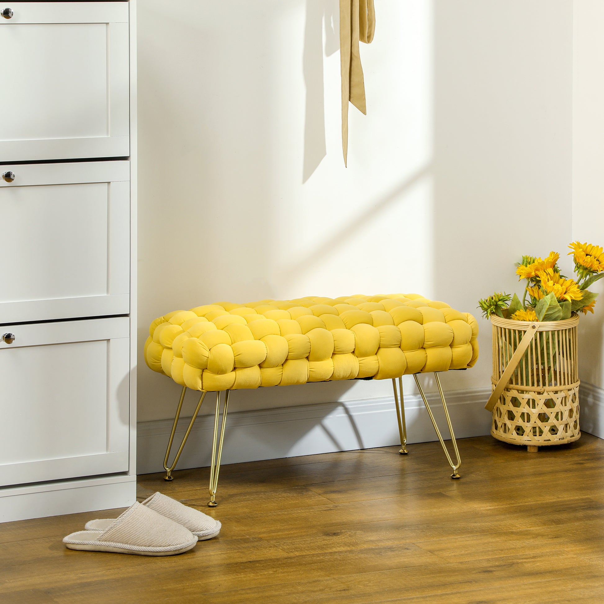 Upholstered Velvet Bed Bench Bedroom Bench with Gold Legs and Padded Seat for Entryways Yellow