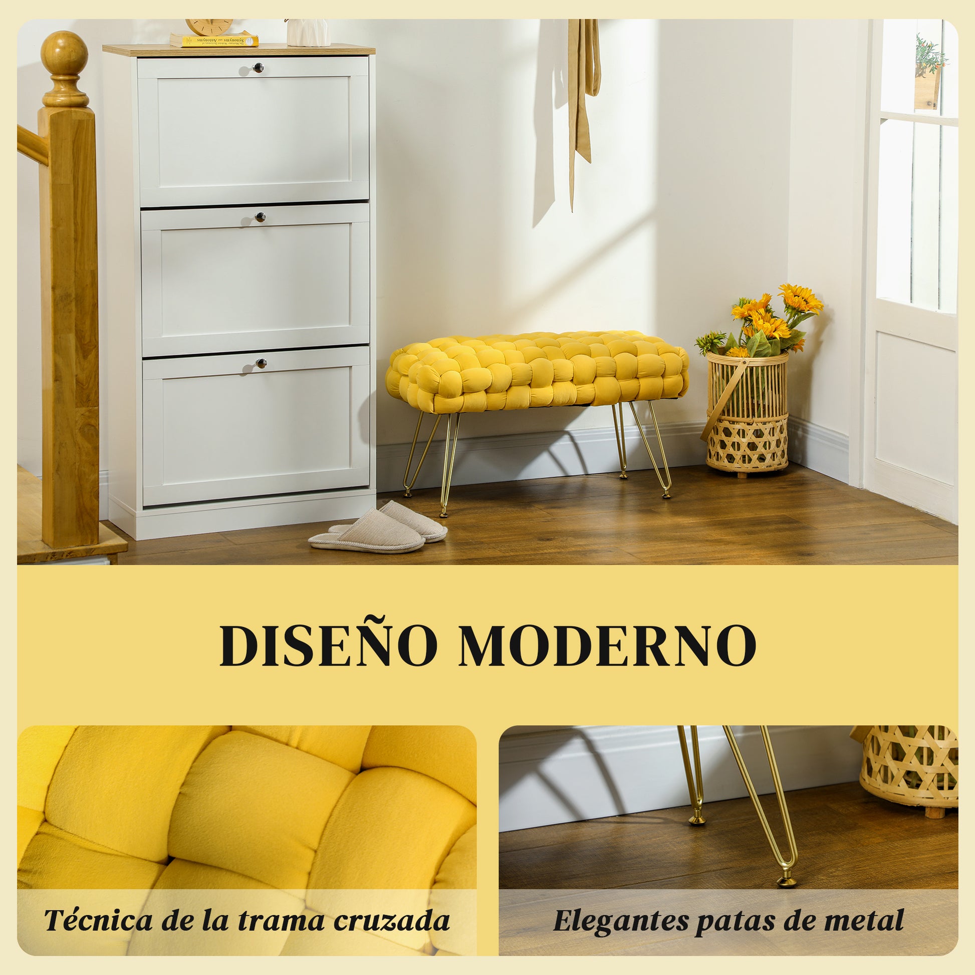 Upholstered Velvet Bed Bench Bedroom Bench with Gold Legs and Padded Seat for Entryways Yellow
