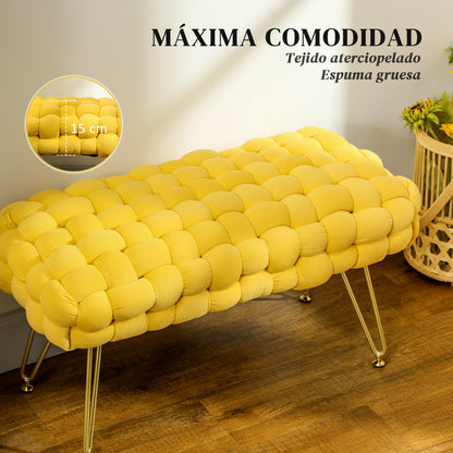 Upholstered Velvet Bed Bench Bedroom Bench with Gold Legs and Padded Seat for Entryways Yellow