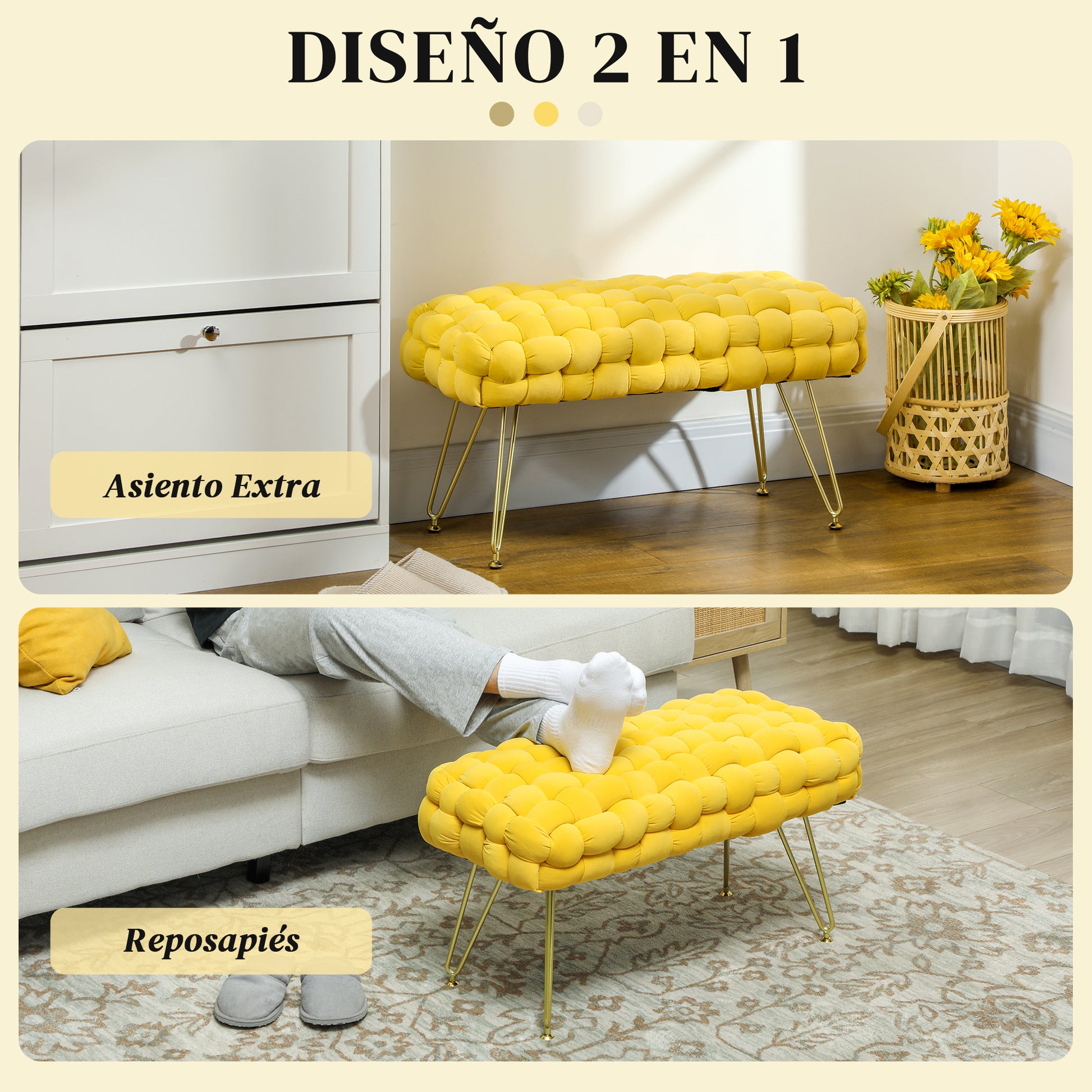 Upholstered Velvet Bed Bench Bedroom Bench with Gold Legs and Padded Seat for Entryways Yellow