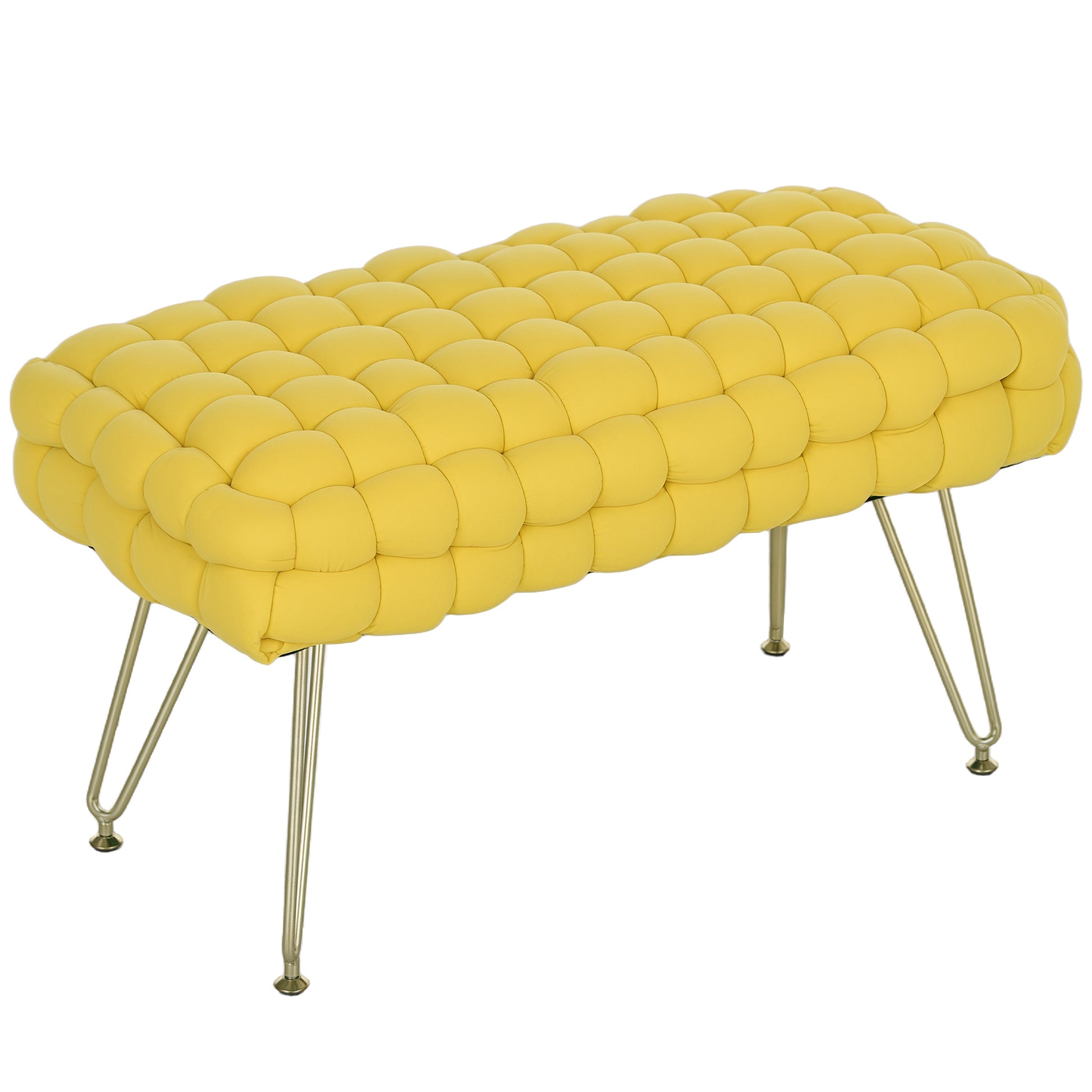 Upholstered Velvet Bed Bench Bedroom Bench with Gold Legs and Padded Seat for Entryways Yellow