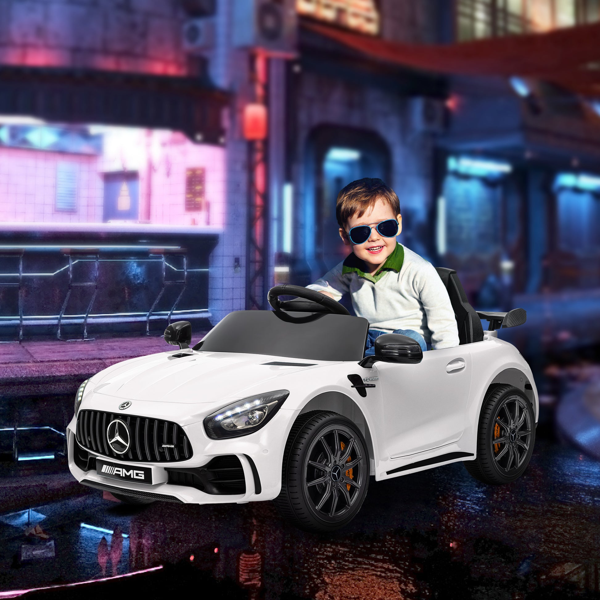 Kids Electric Car 12V Children's Car with 2.4G Remote Control, Kids Vehicle with Horn, MP3, Music, Soft Start, Reverse Function 3-5 km/h Electric Vehicle for 3-6 Years, White