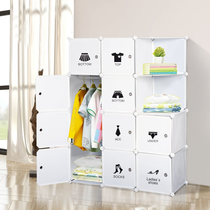 Modular Multi-Storage Cube Wardrobe 10 Cubes + 2 Shelves + Decorative Stickers 111L x 47W x 145H cm in White Plastic