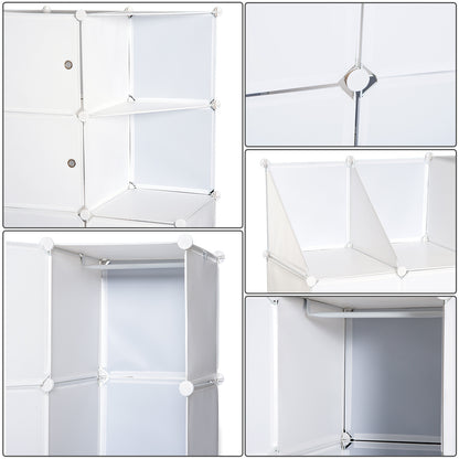 Modular Multi-Storage Cube Wardrobe 10 Cubes + 2 Shelves + Decorative Stickers 111L x 47W x 145H cm in White Plastic
