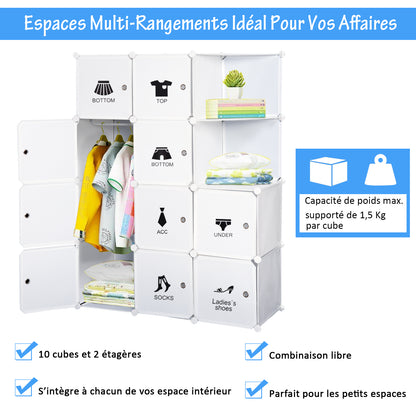 Modular Multi-Storage Cube Wardrobe 10 Cubes + 2 Shelves + Decorative Stickers 111L x 47W x 145H cm in White Plastic