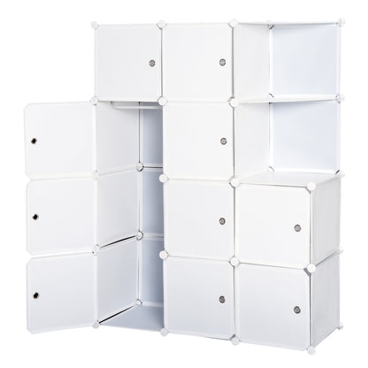 Modular Multi-Storage Cube Wardrobe 10 Cubes + 2 Shelves + Decorative Stickers 111L x 47W x 145H cm in White Plastic