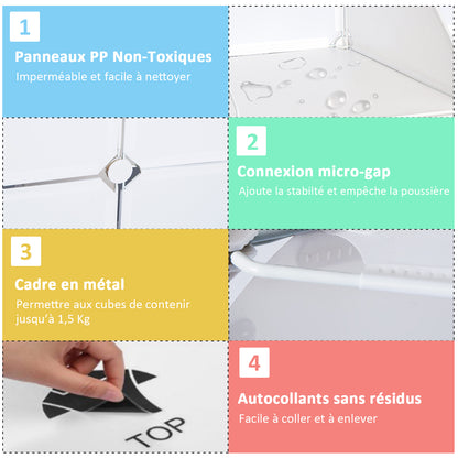 Modular Multi-Storage Cube Wardrobe 10 Cubes + 2 Shelves + Decorative Stickers 111L x 47W x 145H cm in White Plastic