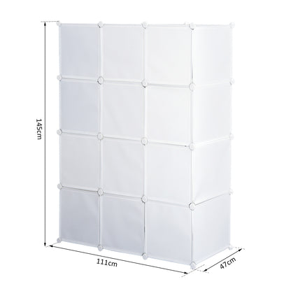 Modular Multi-Storage Cube Wardrobe 10 Cubes + 2 Shelves + Decorative Stickers 111L x 47W x 145H cm in White Plastic