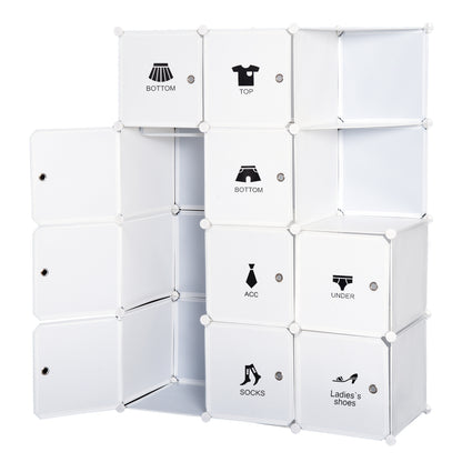 Modular Multi-Storage Cube Wardrobe 10 Cubes + 2 Shelves + Decorative Stickers 111L x 47W x 145H cm in White Plastic