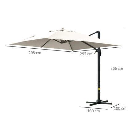 Crank Garden Umbrella 3x3 m Tilt and 360° Rotatable, Decentralized Arm Umbrella with Cross Base, Polyester 250g/㎡ and Aluminum, Cream