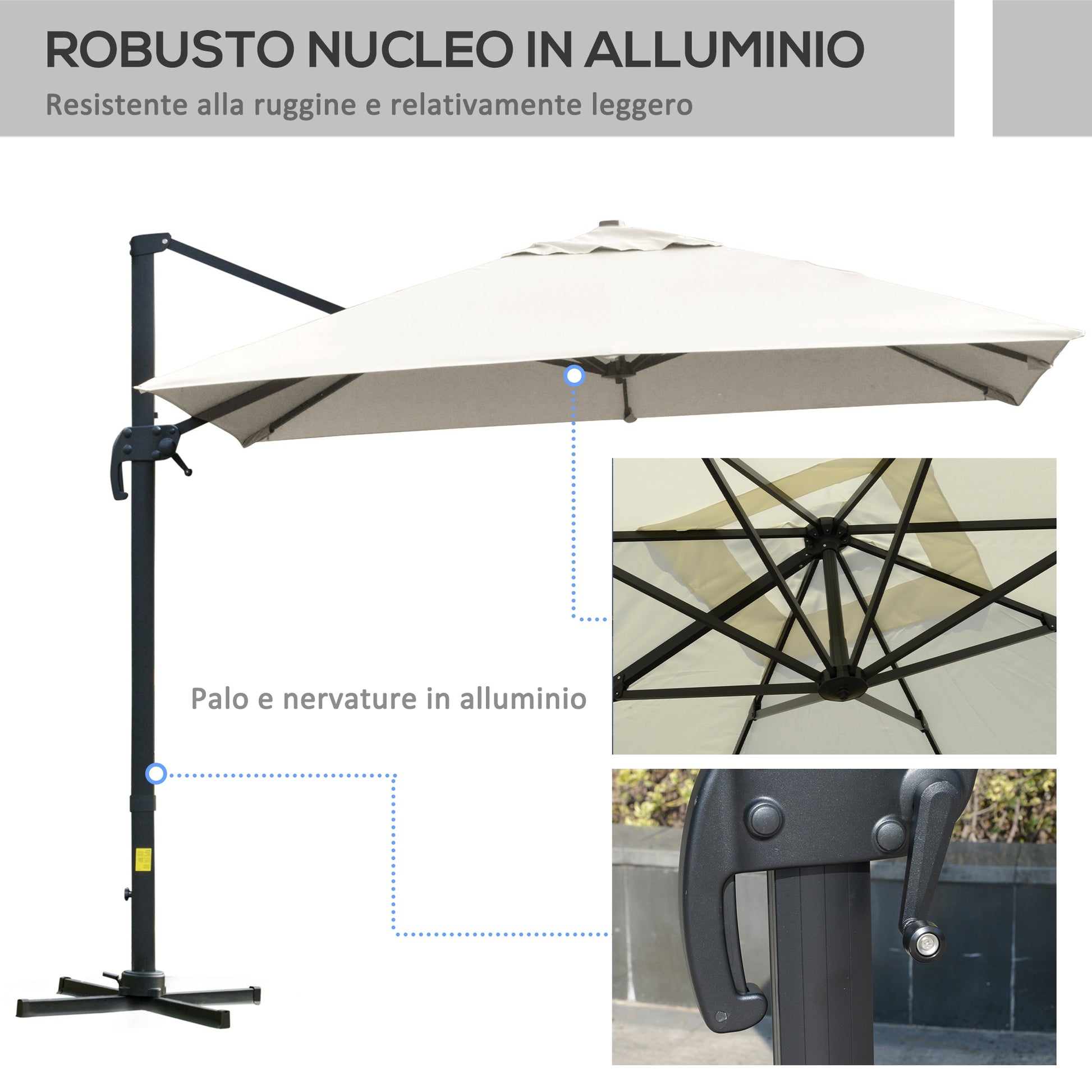 Crank Garden Umbrella 3x3 m Tilt and 360° Rotatable, Decentralized Arm Umbrella with Cross Base, Polyester 250g/㎡ and Aluminum, Cream