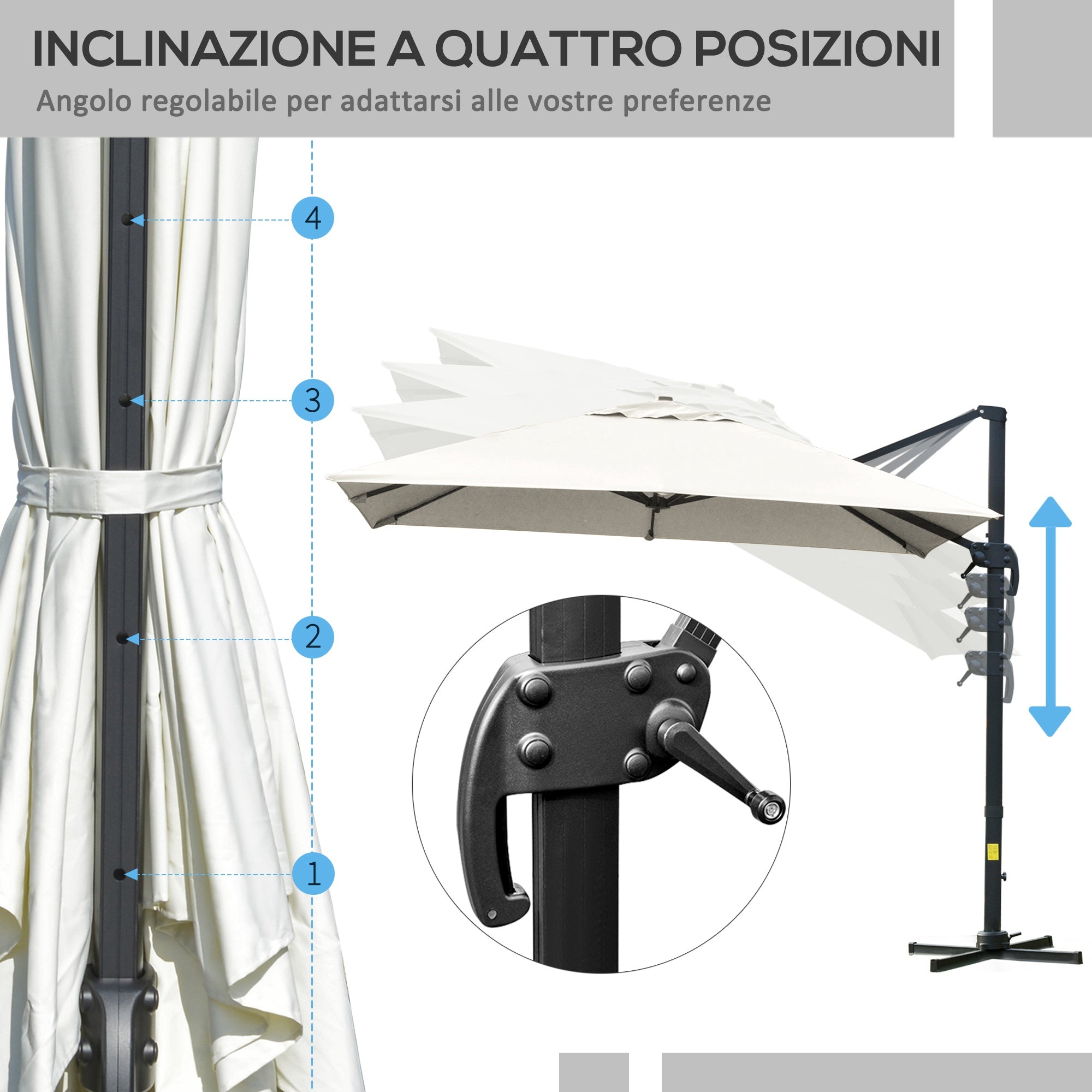 Crank Garden Umbrella 3x3 m Tilt and 360° Rotatable, Decentralized Arm Umbrella with Cross Base, Polyester 250g/㎡ and Aluminum, Cream