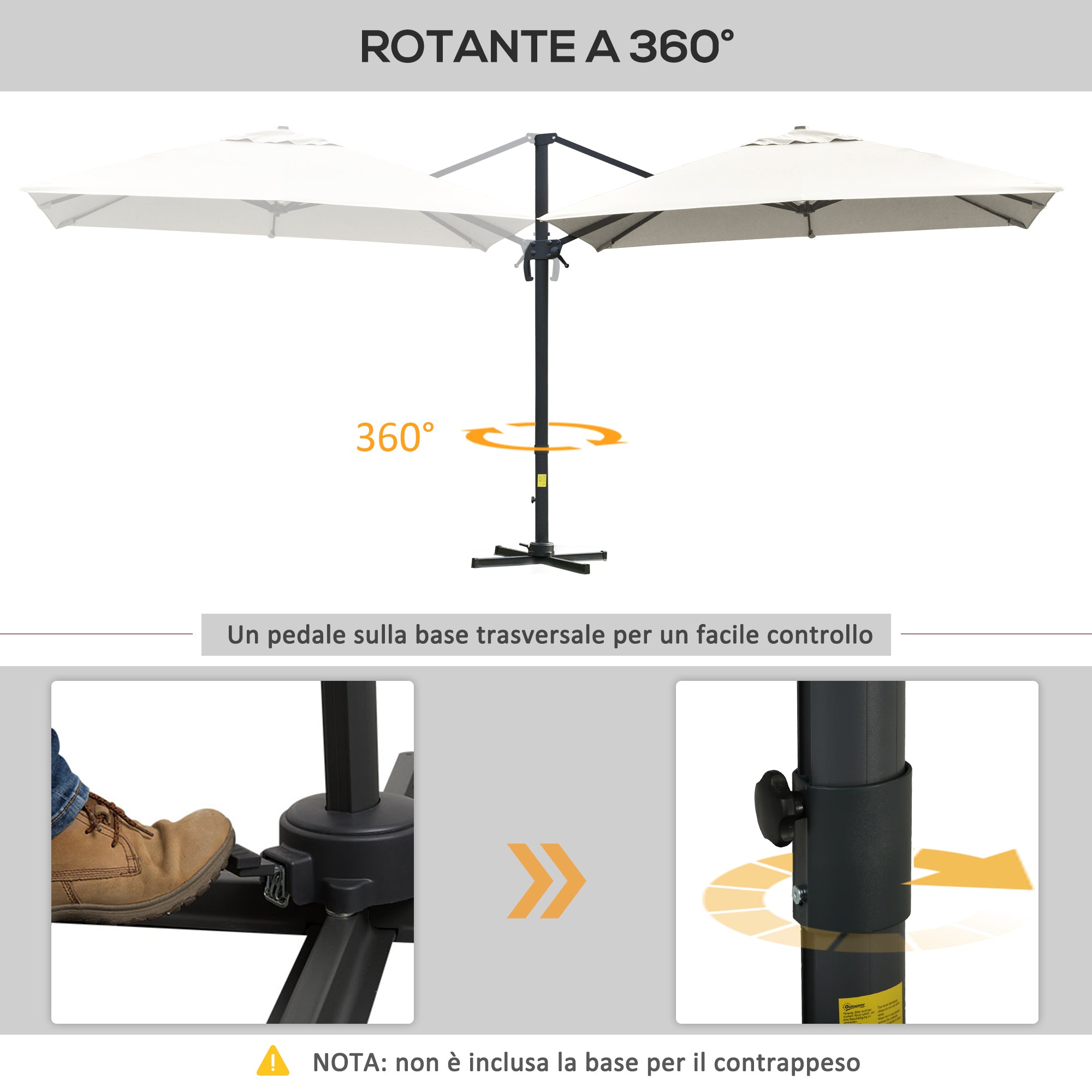 Crank Garden Umbrella 3x3 m Tilt and 360° Rotatable, Decentralized Arm Umbrella with Cross Base, Polyester 250g/㎡ and Aluminum, Cream