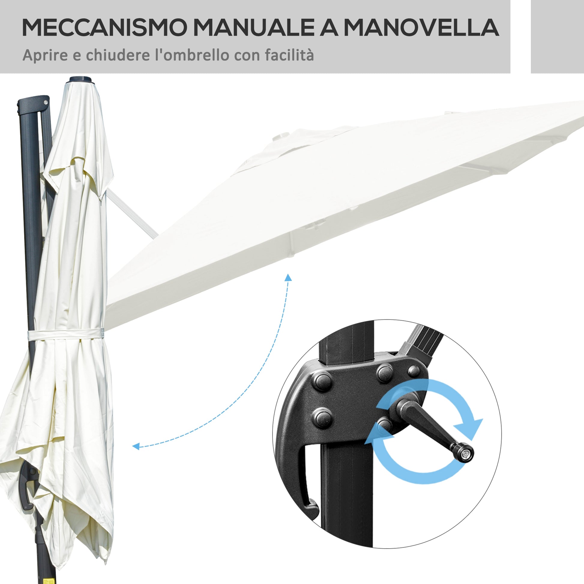 Crank Garden Umbrella 3x3 m Tilt and 360° Rotatable, Decentralized Arm Umbrella with Cross Base, Polyester 250g/㎡ and Aluminum, Cream