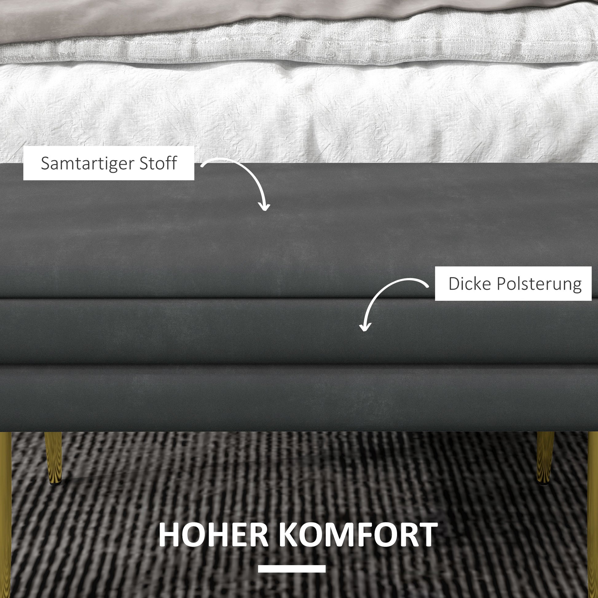 Storage Bench Padded Bench with Velvet Look, Storage Chest with Metal Legs, Storage Bench for Living Room Bedroom Hallway Gray, 79.5 x 37.5 x 43 cm