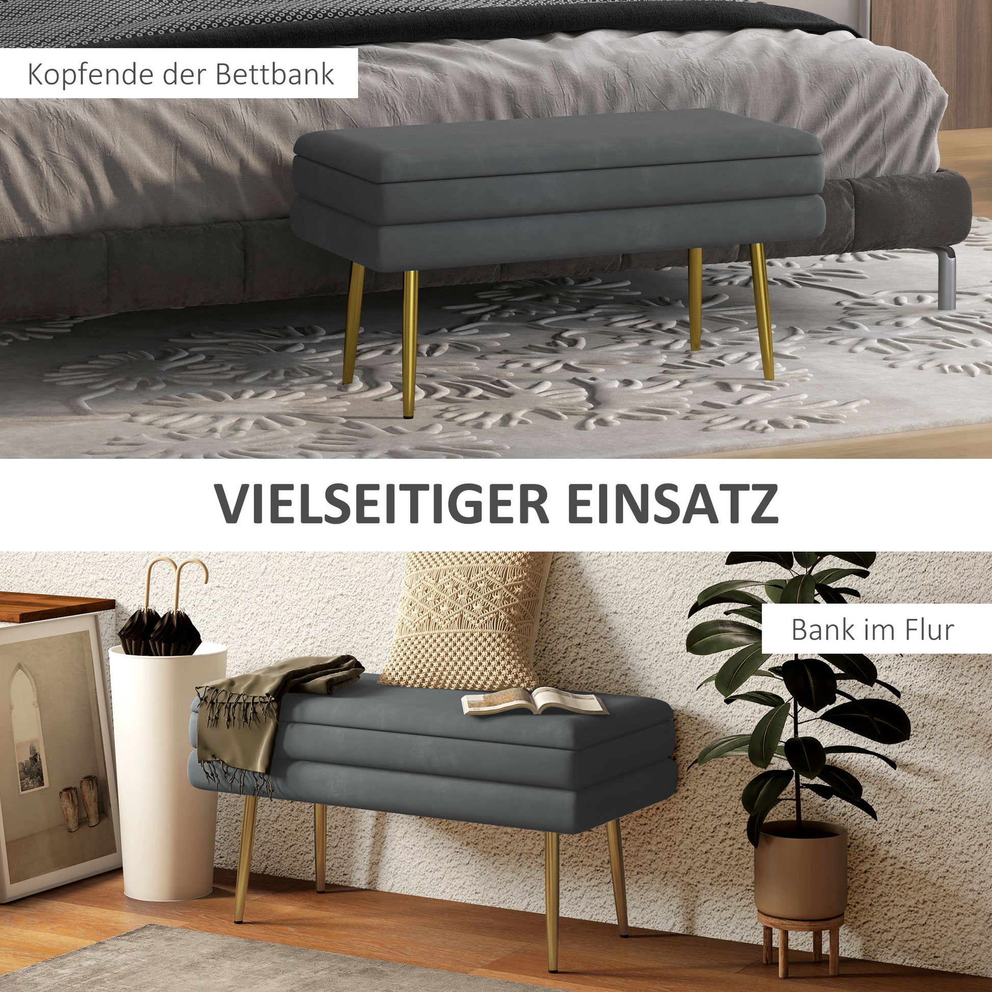 Storage Bench Padded Bench with Velvet Look, Storage Chest with Metal Legs, Storage Bench for Living Room Bedroom Hallway Gray, 79.5 x 37.5 x 43 cm