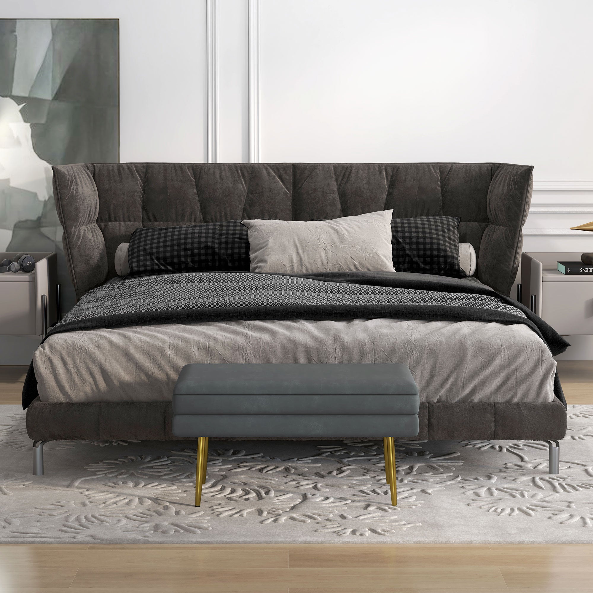 Storage Bench Padded Bench with Velvet Look, Storage Chest with Metal Legs, Storage Bench for Living Room Bedroom Hallway Gray, 79.5 x 37.5 x 43 cm