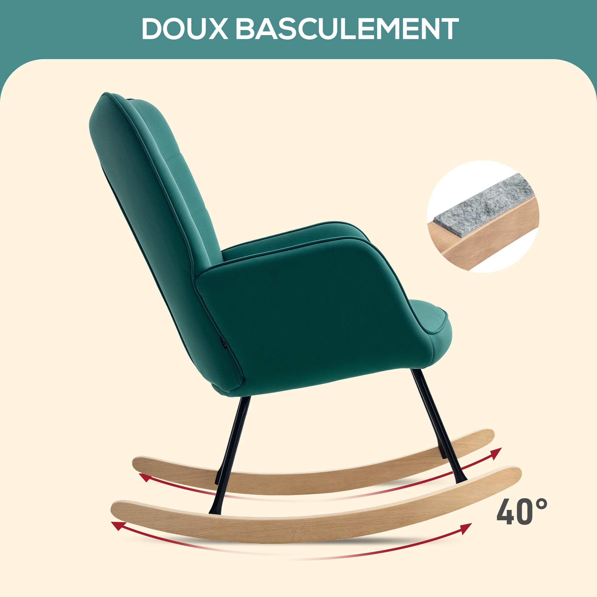 Rocking Chair, Velvet Upholstery, Nursing Chair, Steel Frame, Solid Wood Legs, Dark Green