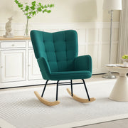 Rocking Chair, Velvet Upholstery, Nursing Chair, Steel Frame, Solid Wood Legs, Dark Green