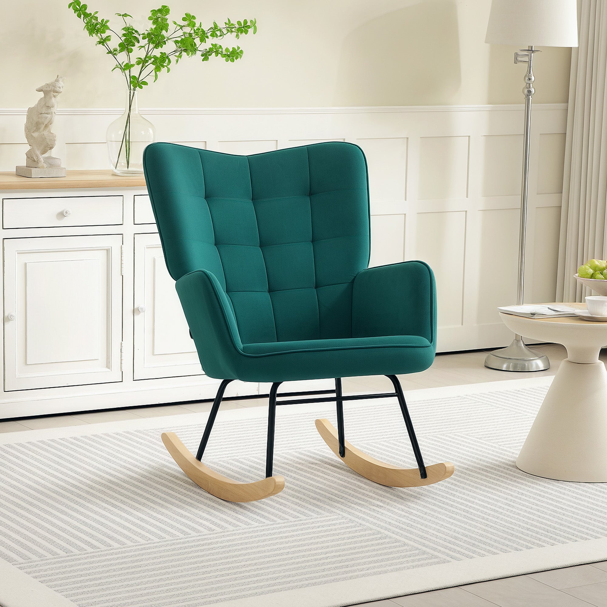 Rocking Chair, Velvet Upholstery, Nursing Chair, Steel Frame, Solid Wood Legs, Dark Green