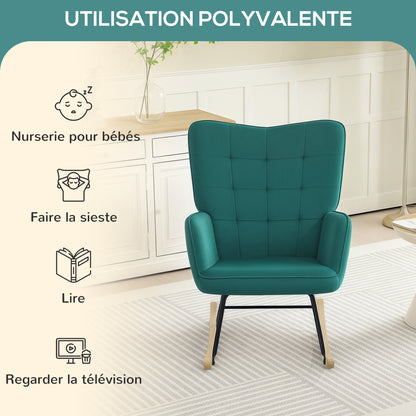 Rocking Chair, Velvet Upholstery, Nursing Chair, Steel Frame, Solid Wood Legs, Dark Green