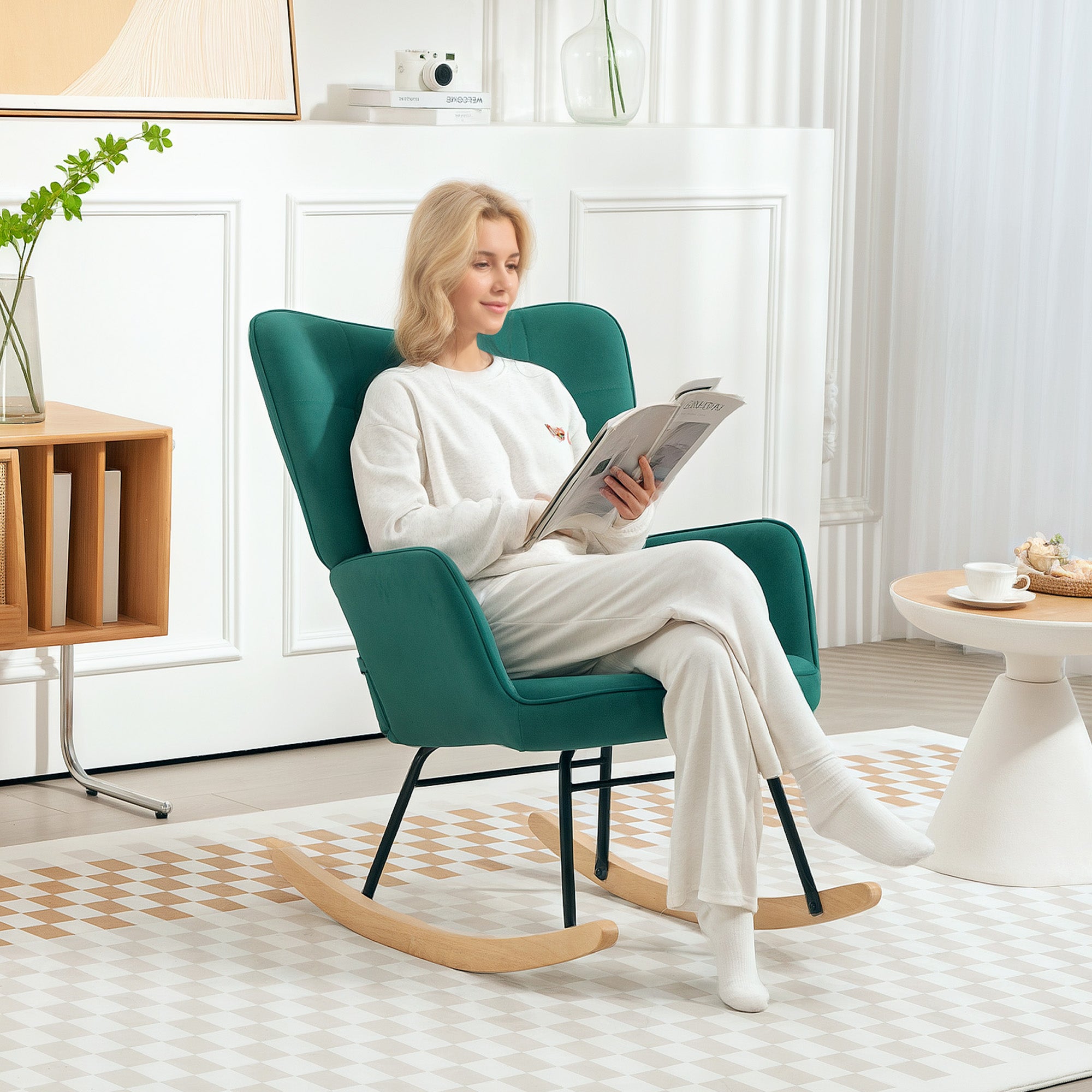 Rocking Chair, Velvet Upholstery, Nursing Chair, Steel Frame, Solid Wood Legs, Dark Green