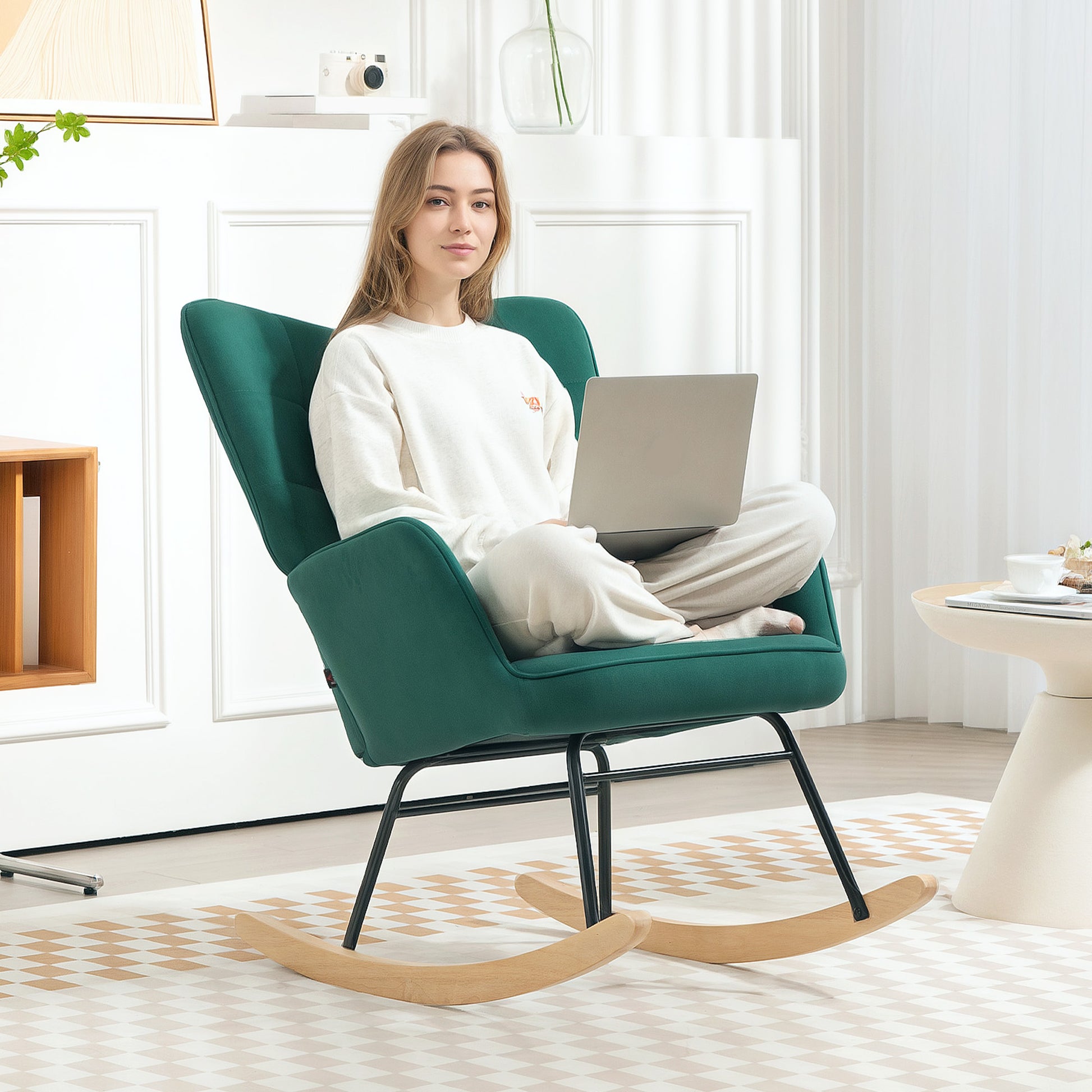 Rocking Chair, Velvet Upholstery, Nursing Chair, Steel Frame, Solid Wood Legs, Dark Green