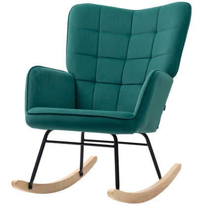 Rocking Chair, Velvet Upholstery, Nursing Chair, Steel Frame, Solid Wood Legs, Dark Green