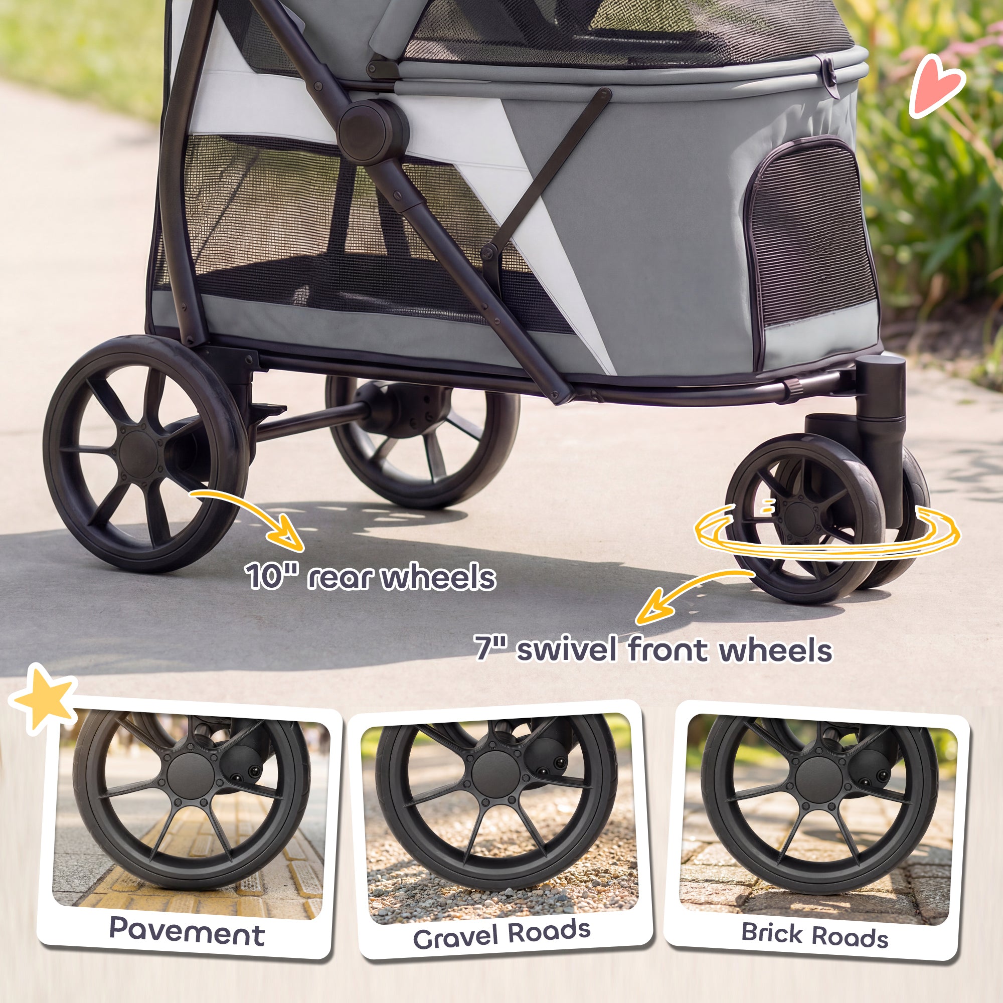 Foldable Dog Stroller / Pet Buggy for Dogs & Cats — Up to 44 lb (20 kg), Washable Cushion, Mesh Windows, 3 Wheels, Door, Rear Pocket, Gray