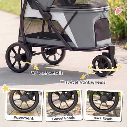 Foldable Dog Stroller / Pet Buggy for Dogs & Cats — Up to 44 lb (20 kg), Washable Cushion, Mesh Windows, 3 Wheels, Door, Rear Pocket, Gray