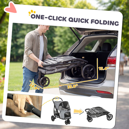 Foldable Dog Stroller / Pet Buggy for Dogs & Cats — Up to 44 lb (20 kg), Washable Cushion, Mesh Windows, 3 Wheels, Door, Rear Pocket, Gray