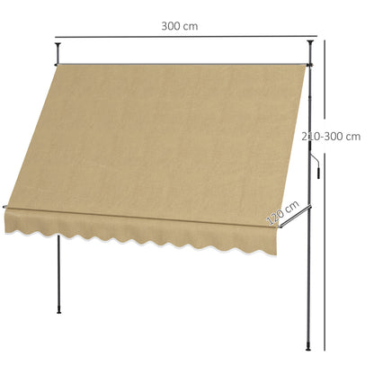 3x1.2m Manual Retractable Awning Exterior Terrace Roll-up Height Adjustable with Crank 210-300cm No Drill UV30+ Protection for Balcony Garden Beige