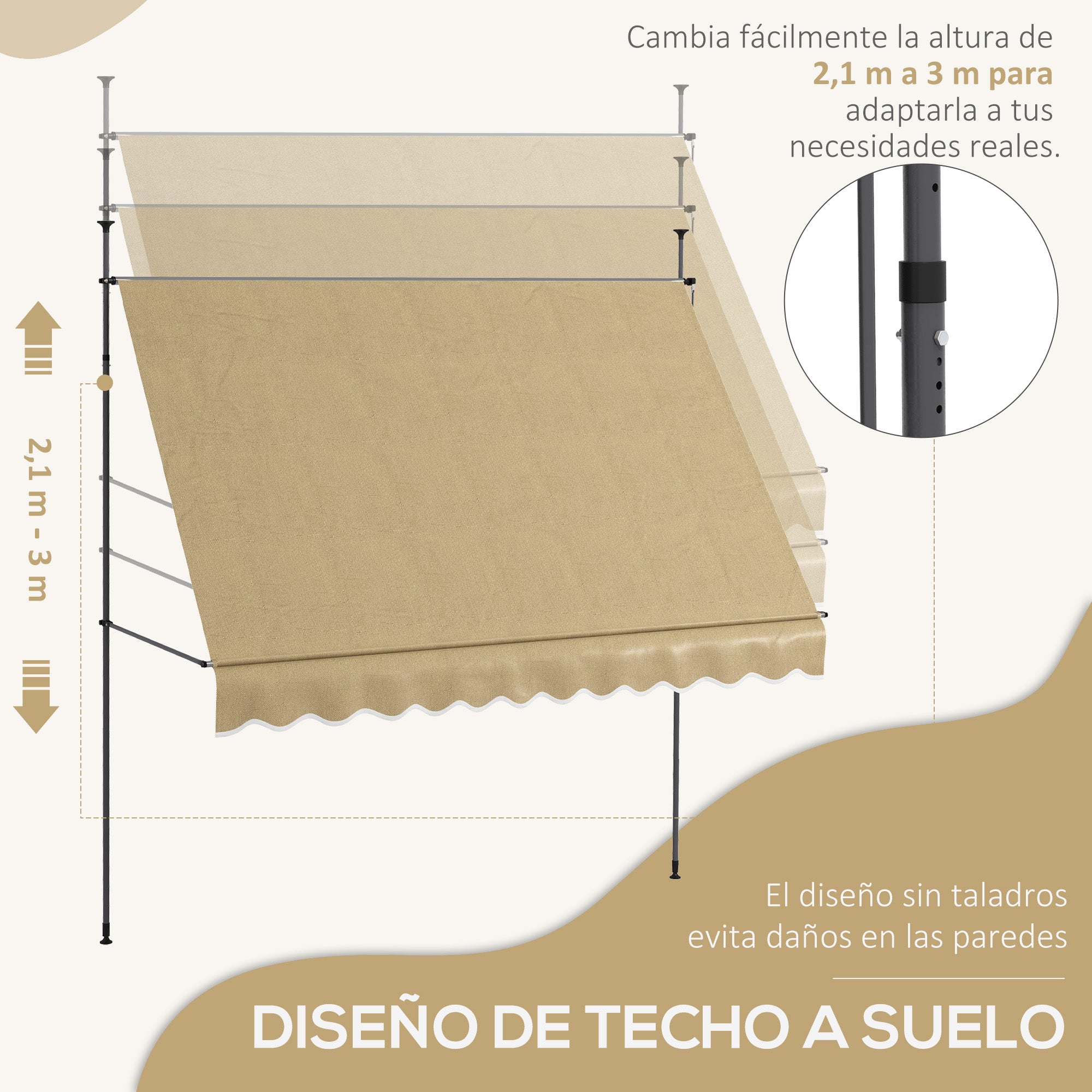 3x1.2m Manual Retractable Awning Exterior Terrace Roll-up Height Adjustable with Crank 210-300cm No Drill UV30+ Protection for Balcony Garden Beige