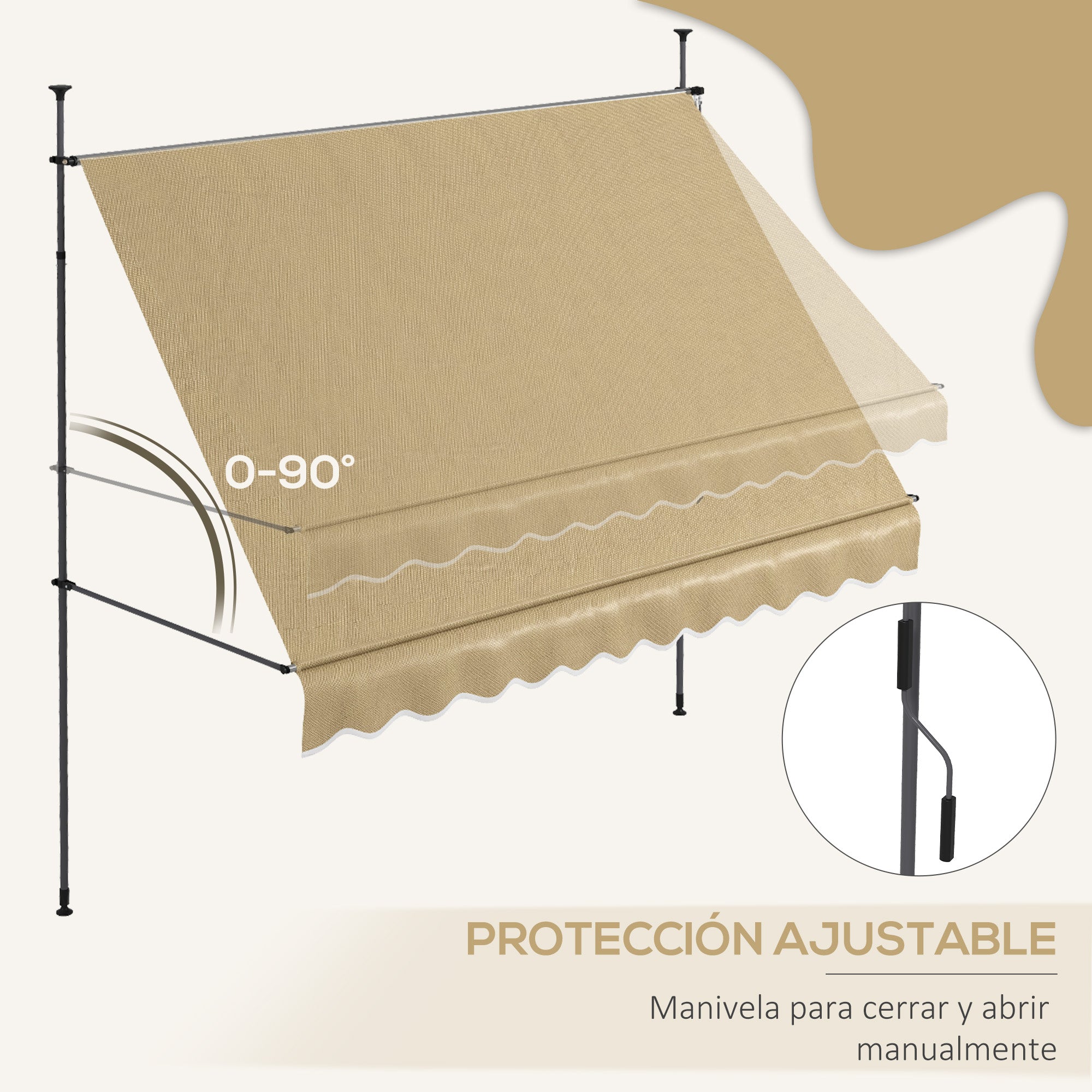 3x1.2m Manual Retractable Awning Exterior Terrace Roll-up Height Adjustable with Crank 210-300cm No Drill UV30+ Protection for Balcony Garden Beige