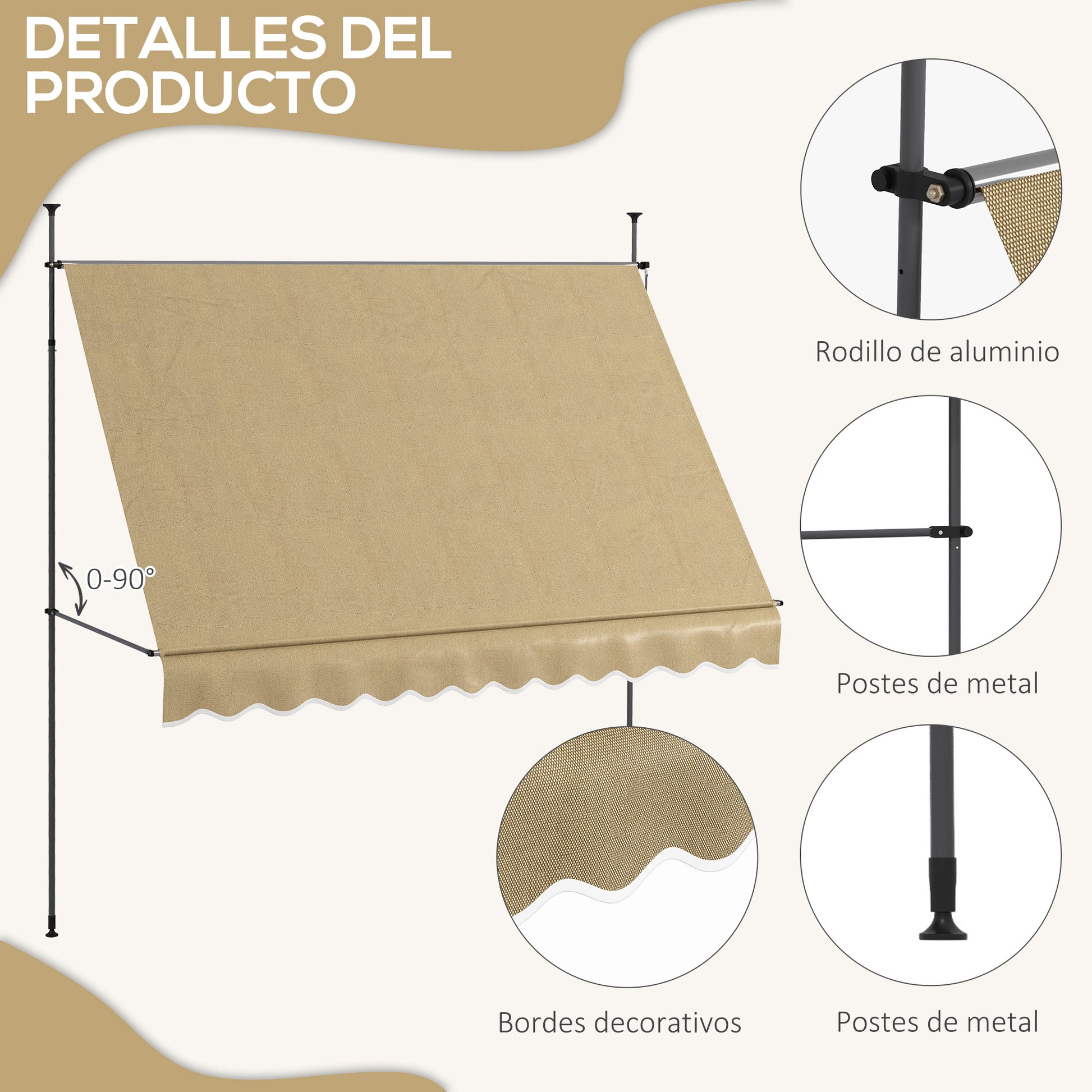 3x1.2m Manual Retractable Awning Exterior Terrace Roll-up Height Adjustable with Crank 210-300cm No Drill UV30+ Protection for Balcony Garden Beige