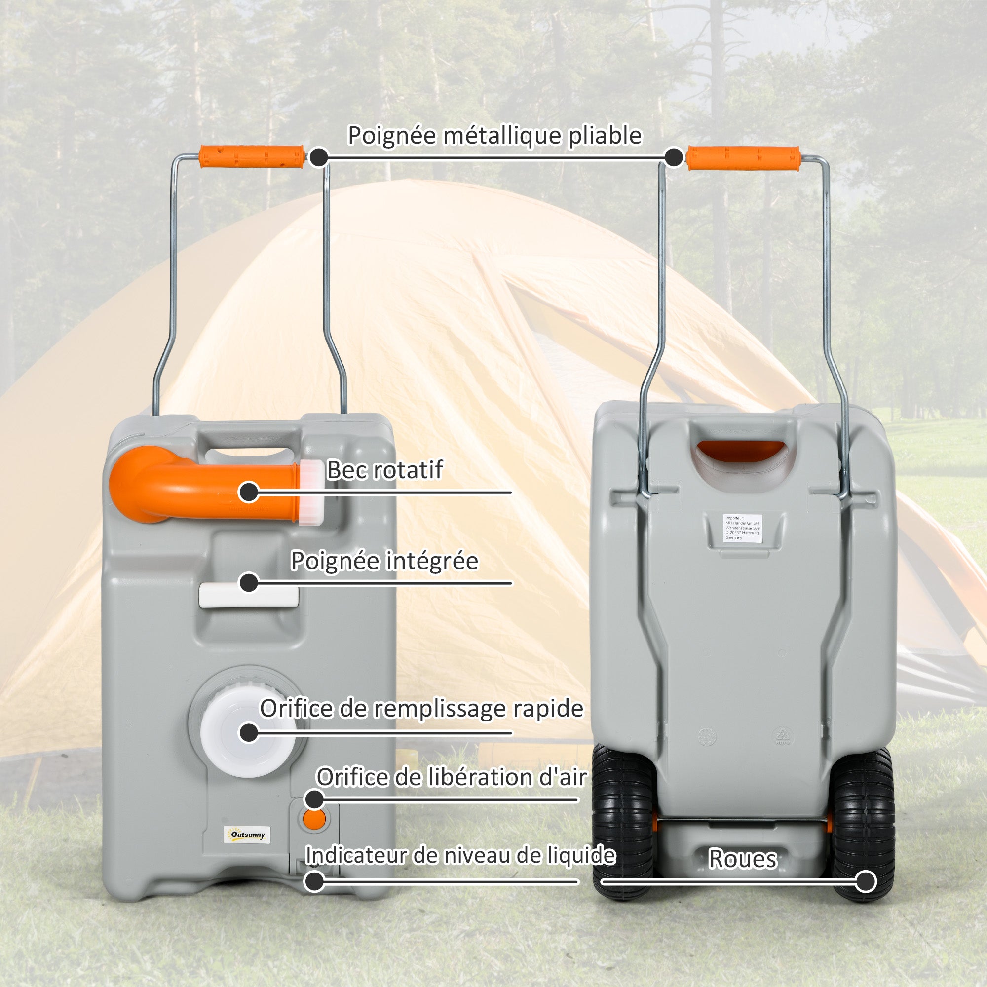 Portable Water Tank with Wheels for Camping, 22 L, with Rotating Drain Spout, Filling Indicator, Foldable Handle, for Caravans, Campers, Gray
